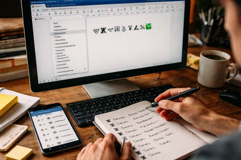 Computer screen showing Wingdings font characters displayed Computer screen showing Wingdings font characters displayed in Microsoft Word document alongside Google Docs window with symb