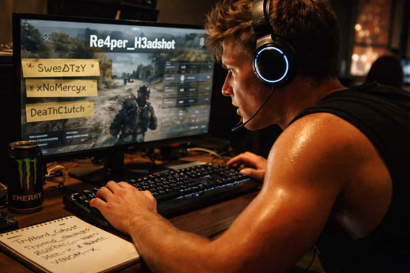 Gamer hunched over keyboard with intense focus, sweat visible on forehead, multiple monitor screens displaying PUBG gameplay 