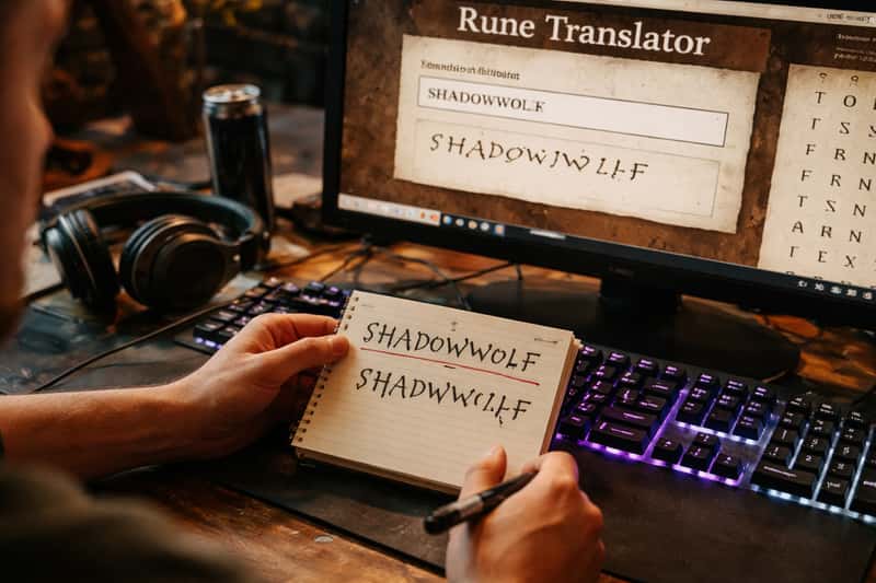 Gaming monitor displaying runic symbols converted from Latin characters, with a mechanical keyboard and notebook of rune tran