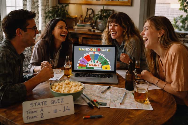 Group of people gathered around a table playing a board game Group of people gathered around a table playing a board game with a spinning wheel and cards scattered across the surface