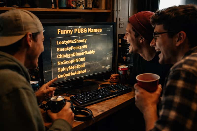 Player's screen showing PUBG username selection menu with humorous character names visible in the list