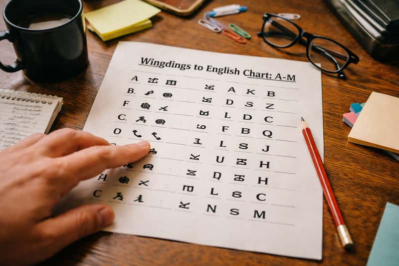 Printed Wingdings font characters A through M displayed next to their English letter equivalents on a desk with a magnifying 