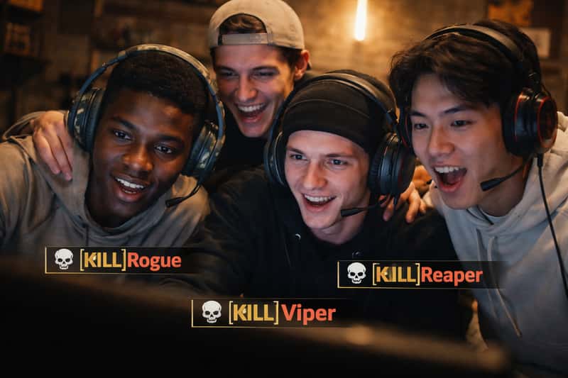 PUBG player's monitor displaying matching squad usernames in the lobby screen with team members' profiles visible