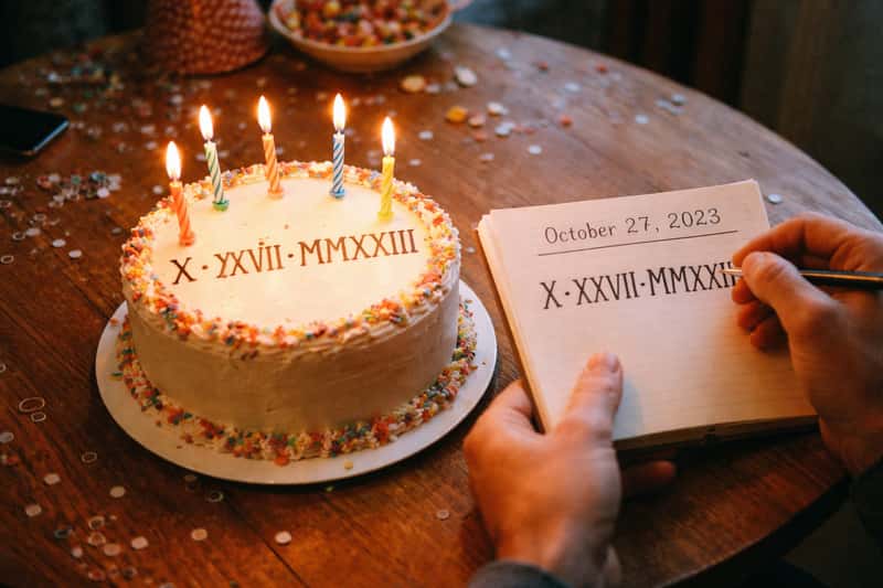 Roman numeral notation showing XXVII X MMXXIII with carved Roman numeral notation showing XXVII X MMXXIII with carved stone or metal numerals arranged on a dark surface