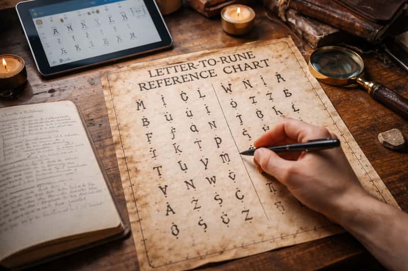 Weathered parchment with hand-drawn runic alphabet chart beside an open leather journal and fountain pen on wooden desk