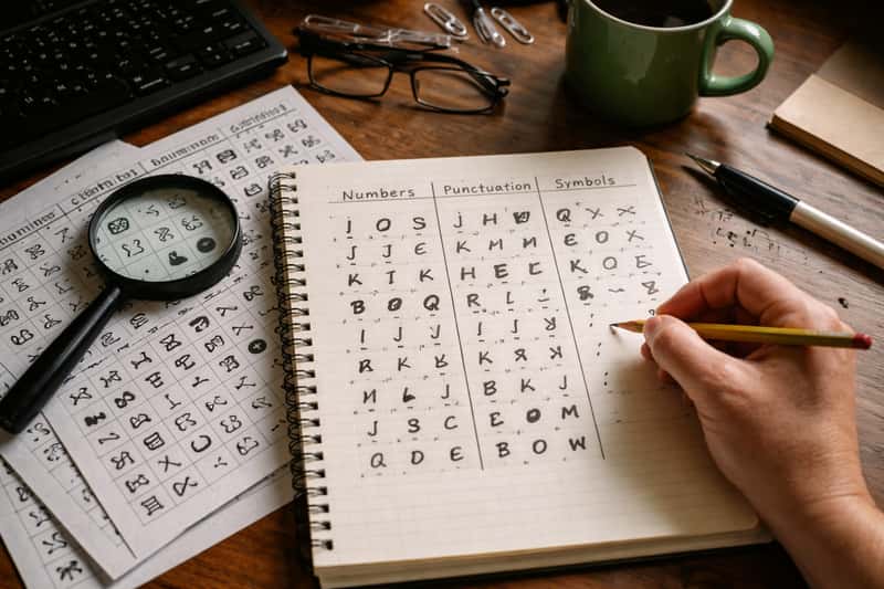 Wingdings font characters displayed on a computer screen showing numbers, punctuation marks, and symbols converted to their E